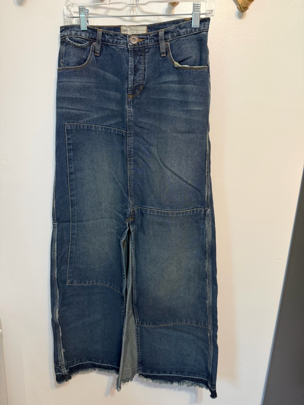 Free People Leann Patchwork Maxi Skirt Y2K Size 25 Raw Hem Boho Hippie Denim